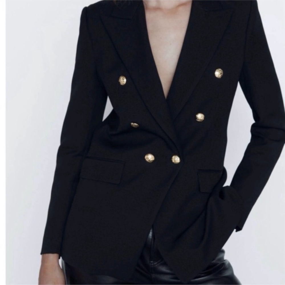 Zara Black Double-Breasted Blazer with Gold Buttons